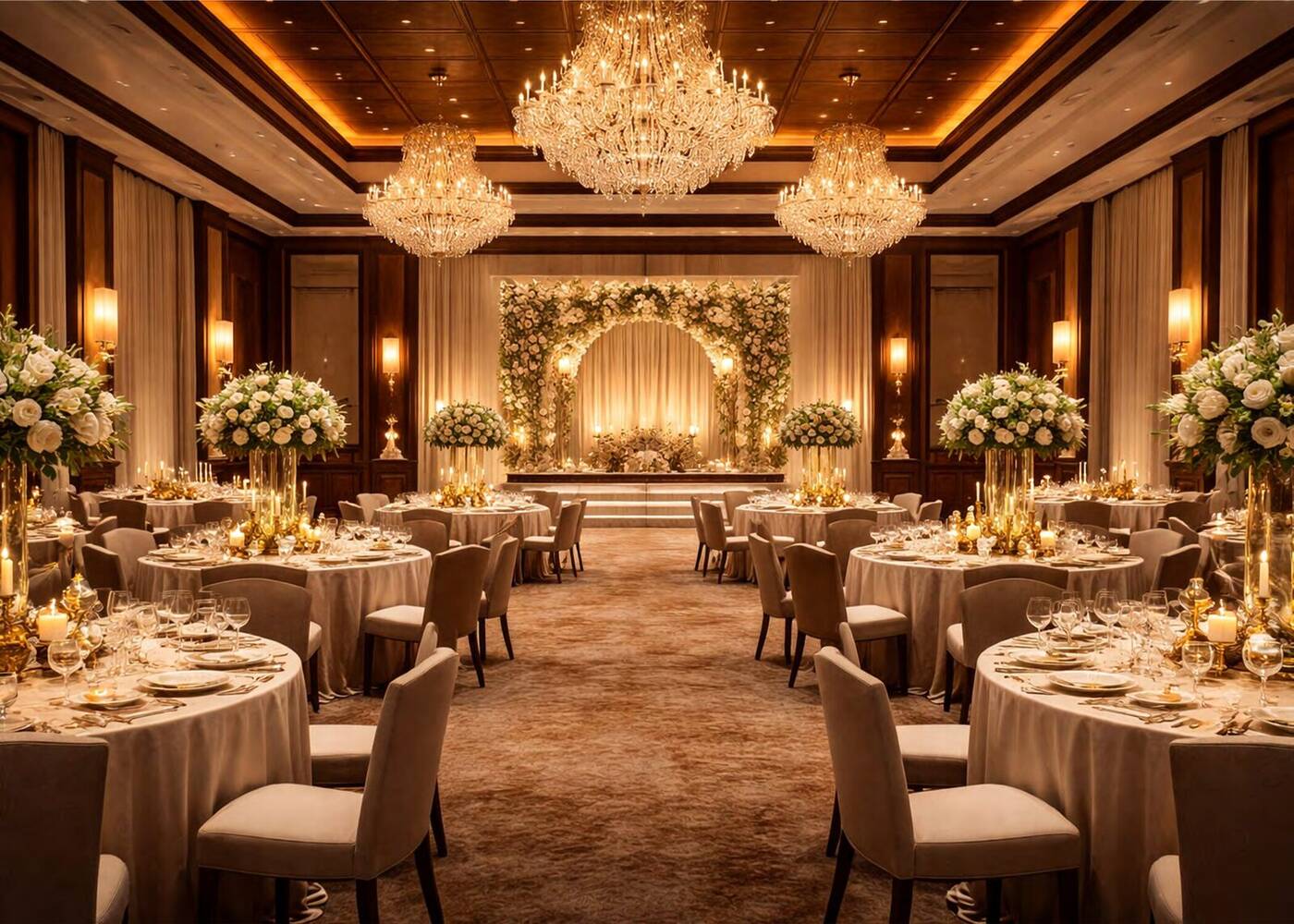 Grand wedding ballroom with chandeliers, Vihangam