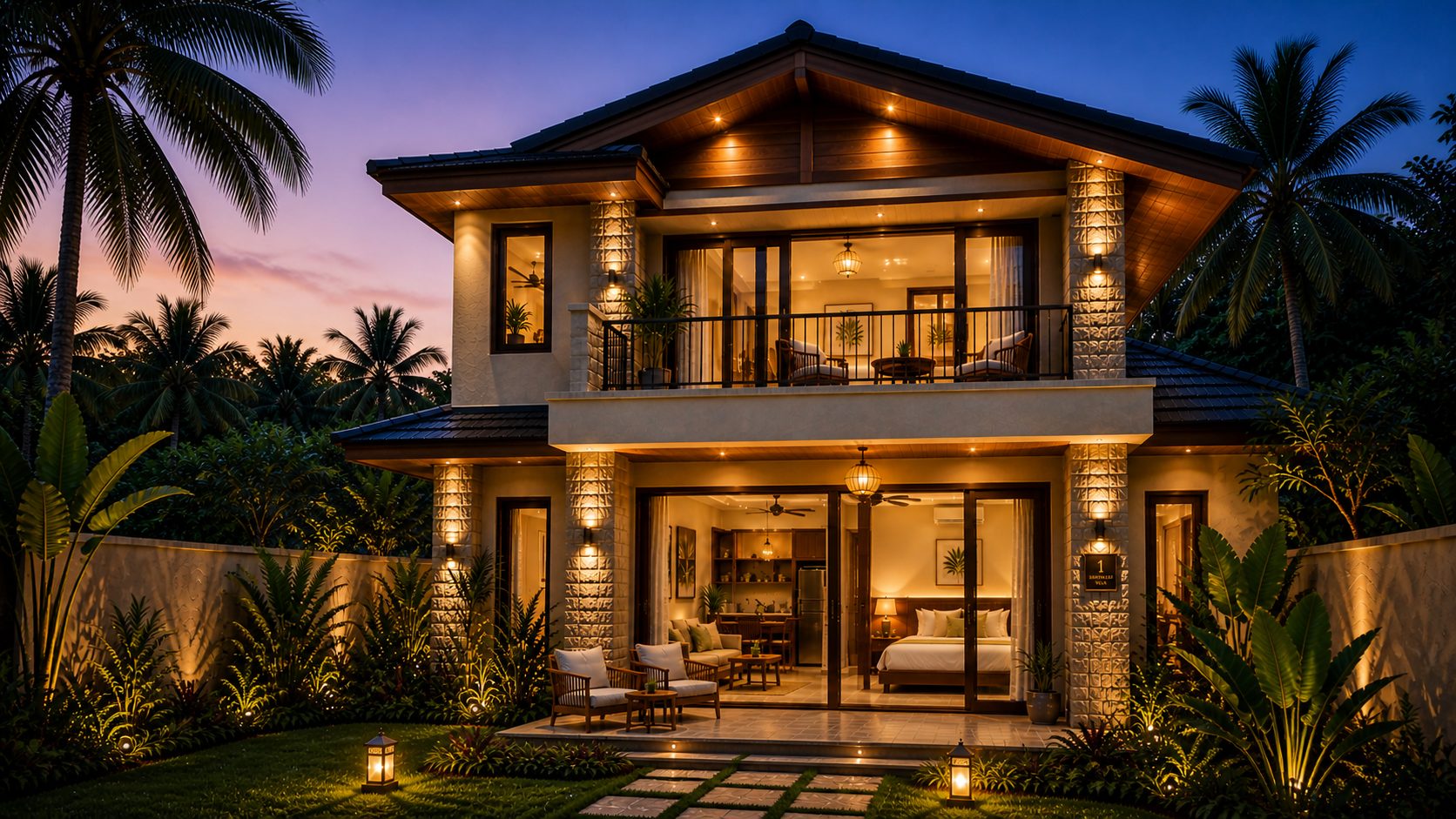 1BR Premium Suite villa exterior at dusk, Vihangam