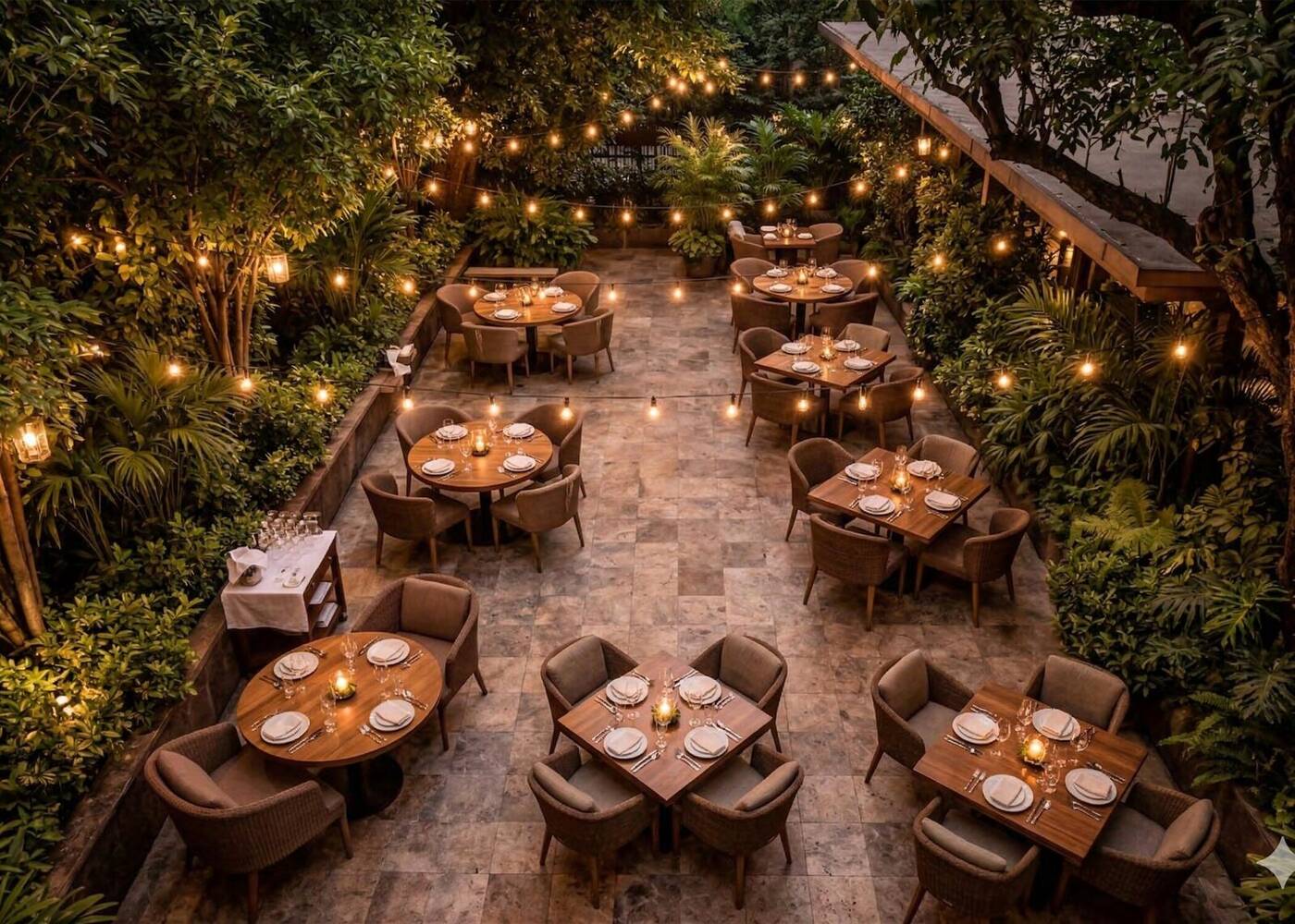 Outdoor garden restaurant with string lights, Vihangam