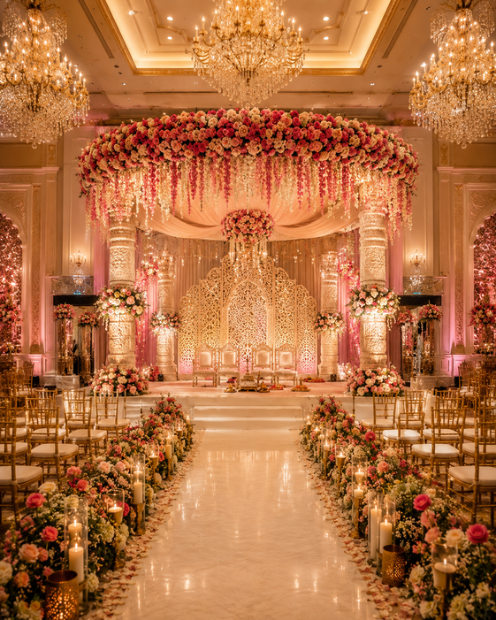 Night wedding mandap setup with floral decor, Vihangam